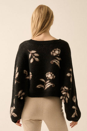 Black Floral Knit Dolman-Sleeve Sweater