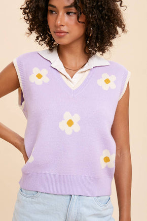 Lavender Daisy Print Sweater Vest