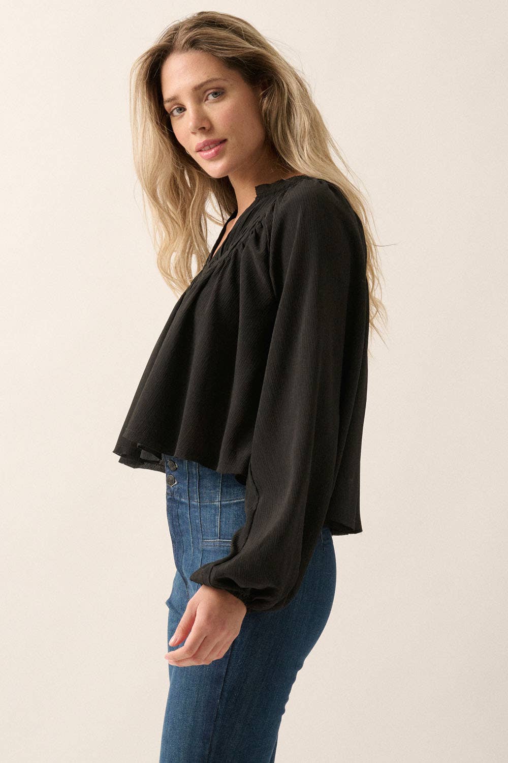 Black Crepe Pleated Yoke Peasant Top