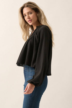 Black Crepe Pleated Yoke Peasant Top