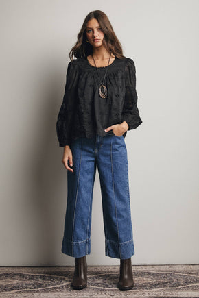 Black Embroidered Lace Puff Sleeve Blouse