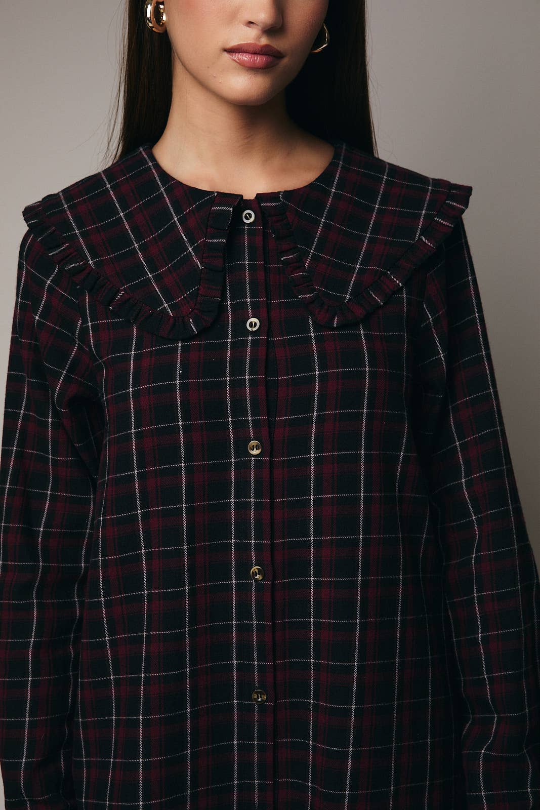 Black Burgundy Plaid Long Sleeve Shirt Mini Dress