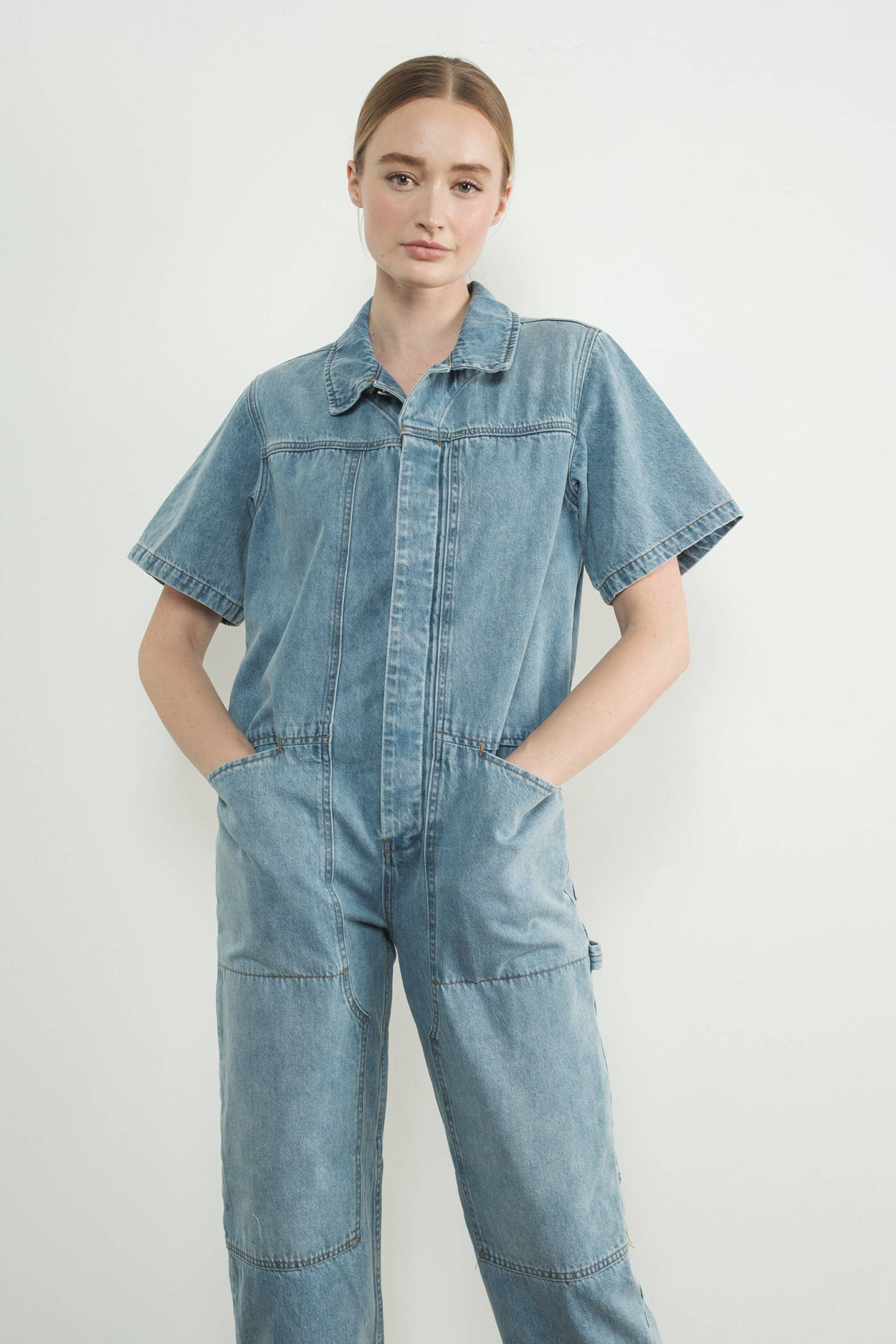 Light Wash Denim Collared Jumpsuit