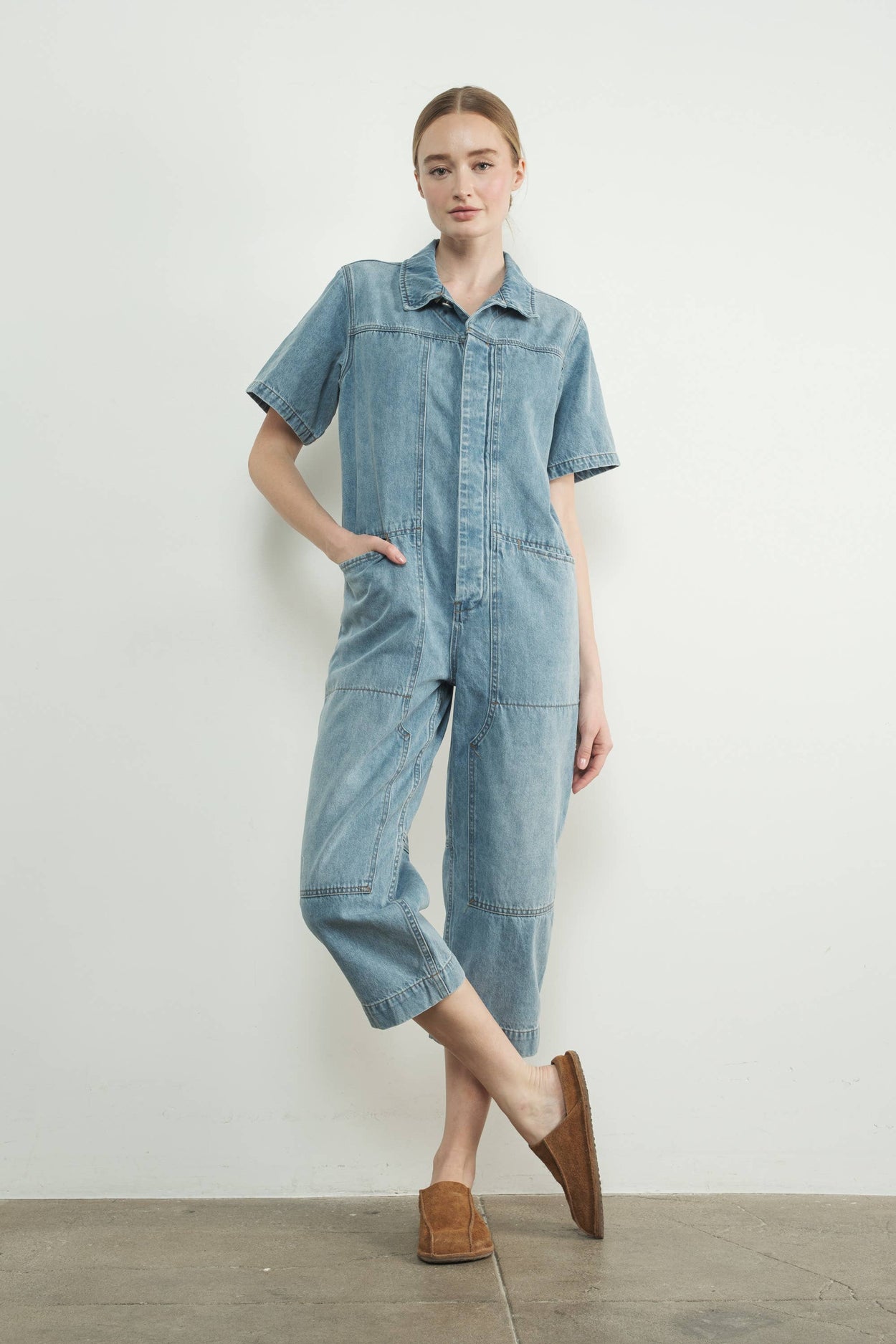 Light Wash Denim Collared Jumpsuit