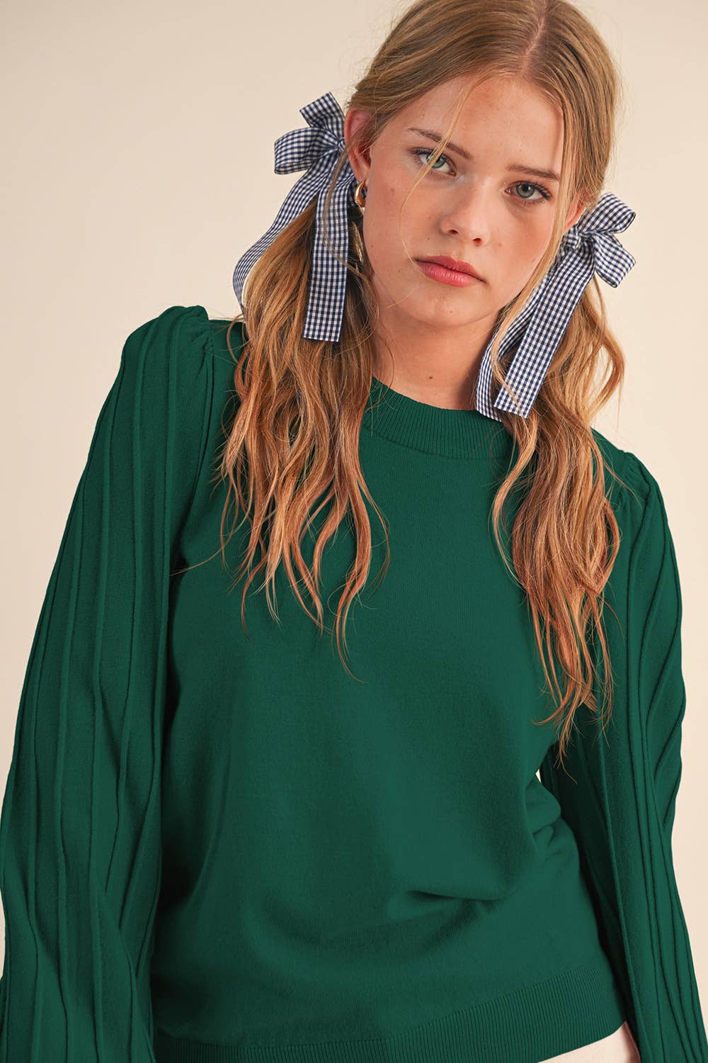 Forest Green Stripe Texture Puff Sleeve Sweater