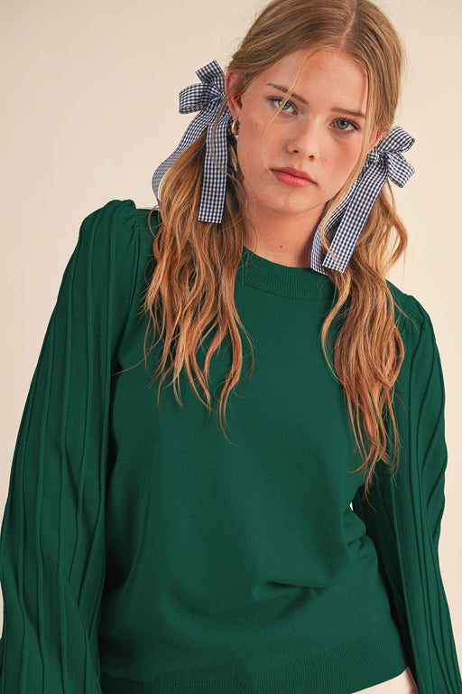 Forest Green Stripe Texture Puff Sleeve Sweater