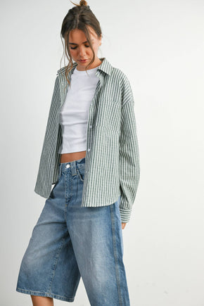 Green Striped Button-Up Top