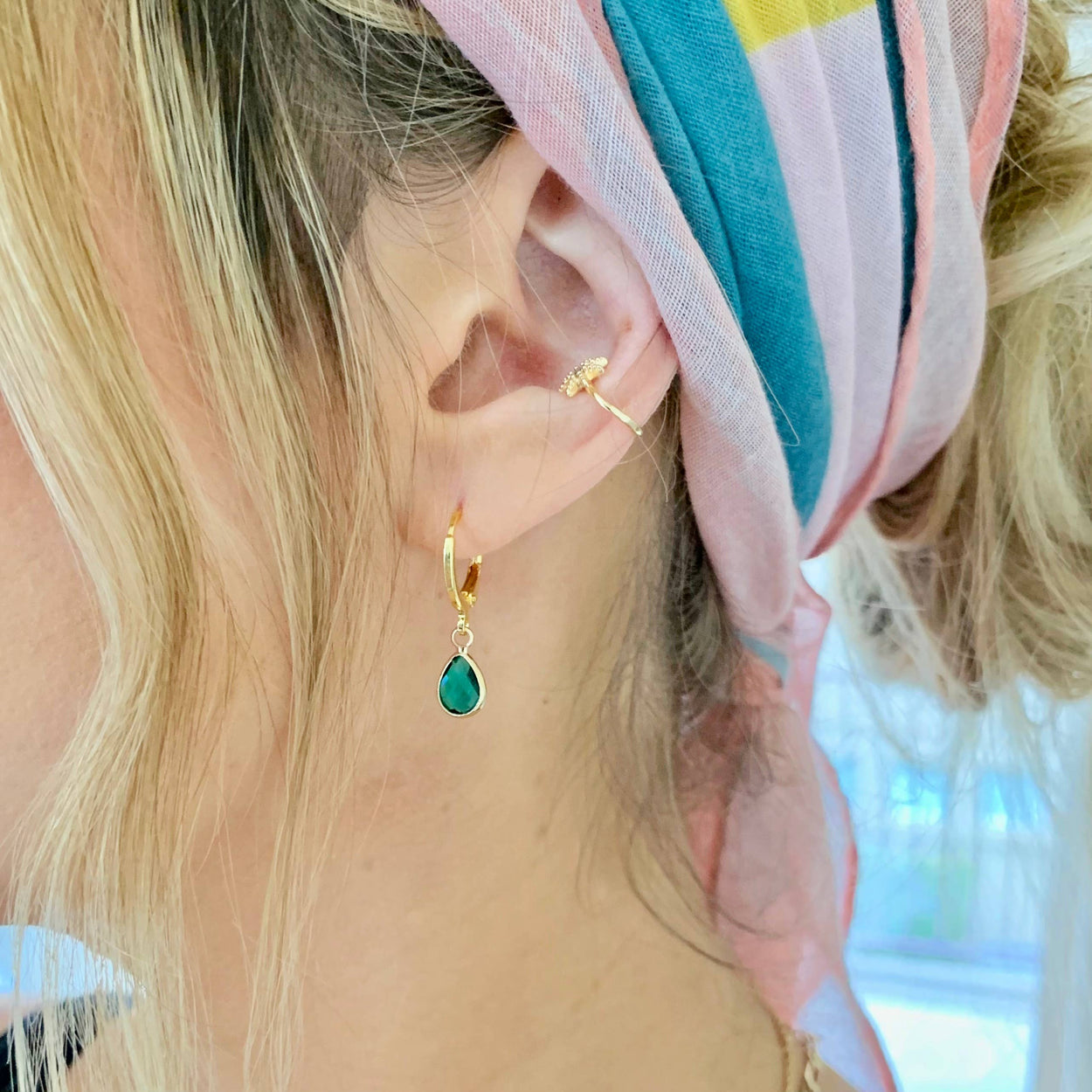 Teal Emerald Gem Hoops