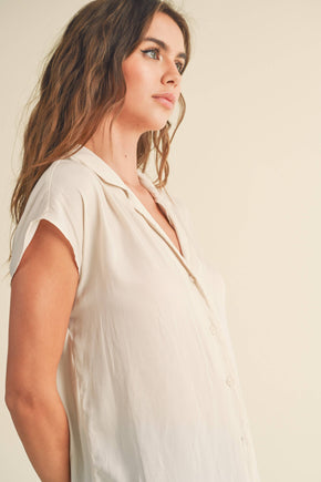 White Button Down Cap Sleeve Blouse
