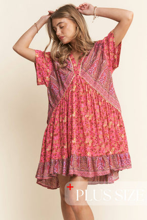 Floral Multi Print Tiered Tunic V Neck Dress