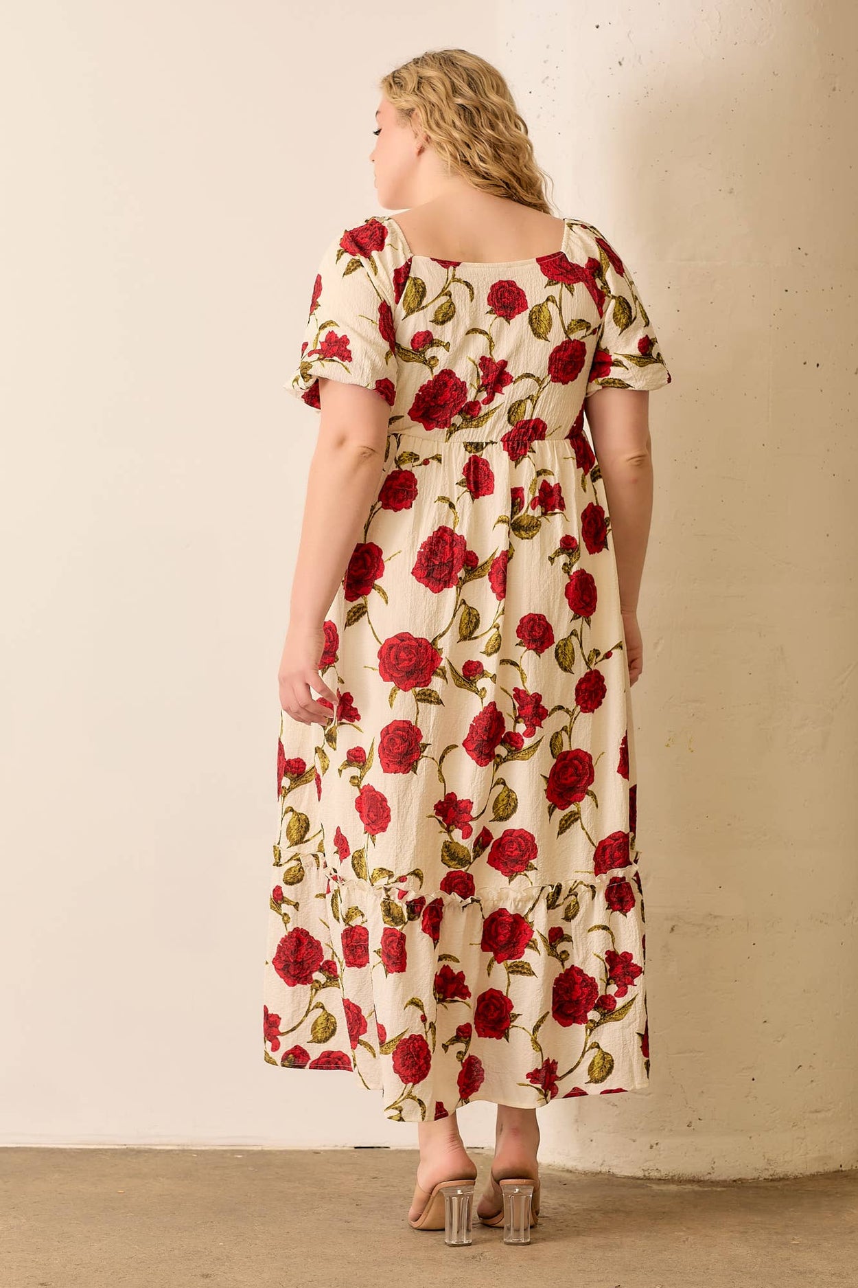 Plus Cream & Red Rose Printed Dress