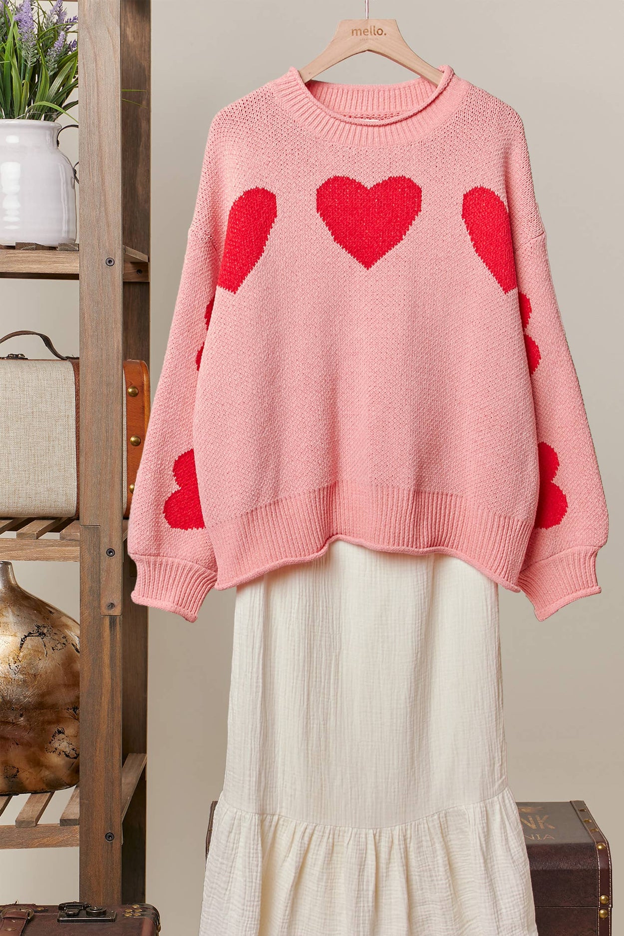 Pink Heart Patched Loose Fit Sweater