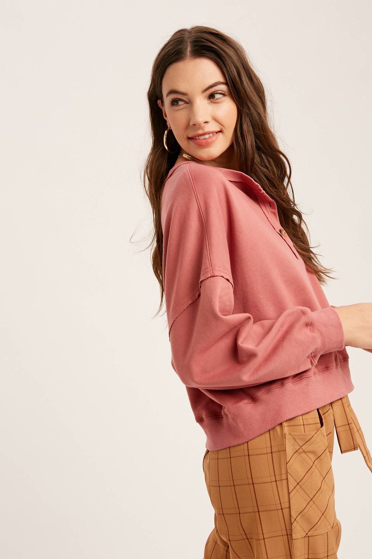 Deep Rose Henley Button Soft Knit Top