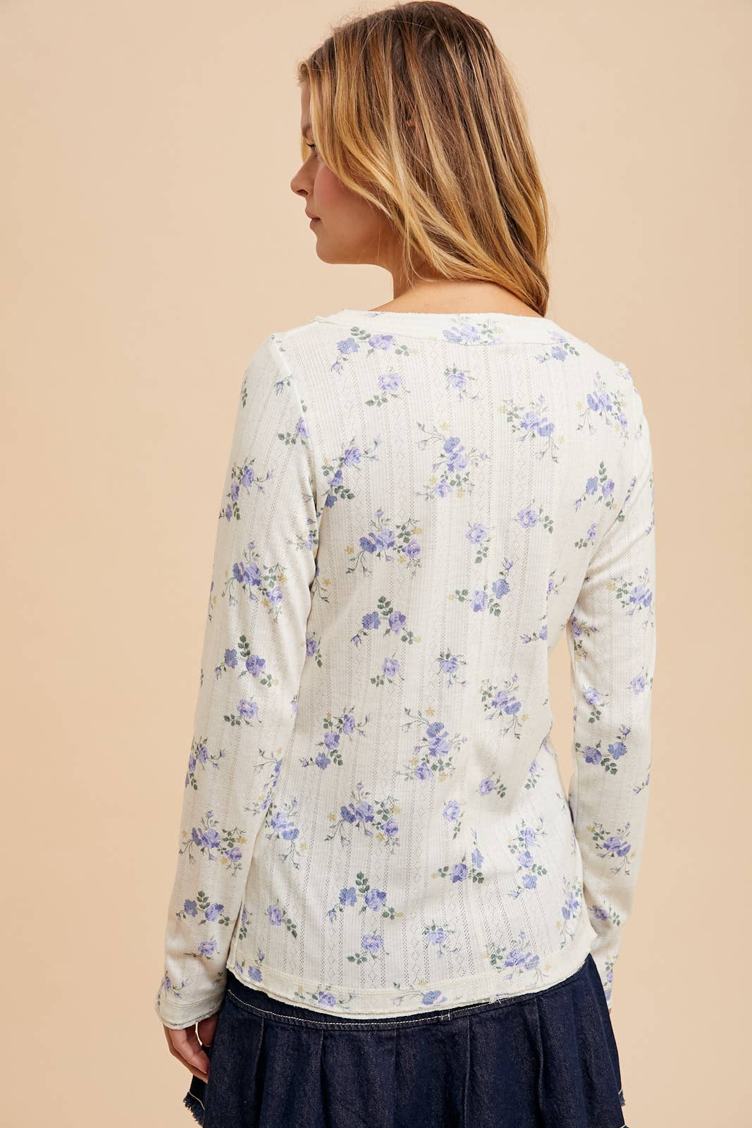 White & Blue Floral Henley Snap Long Sleeve Top