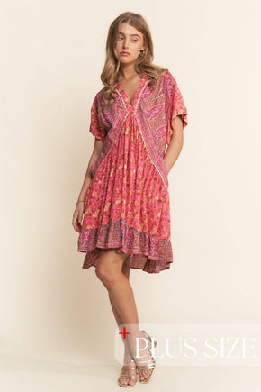 Floral Multi Print Tiered Tunic V Neck Dress