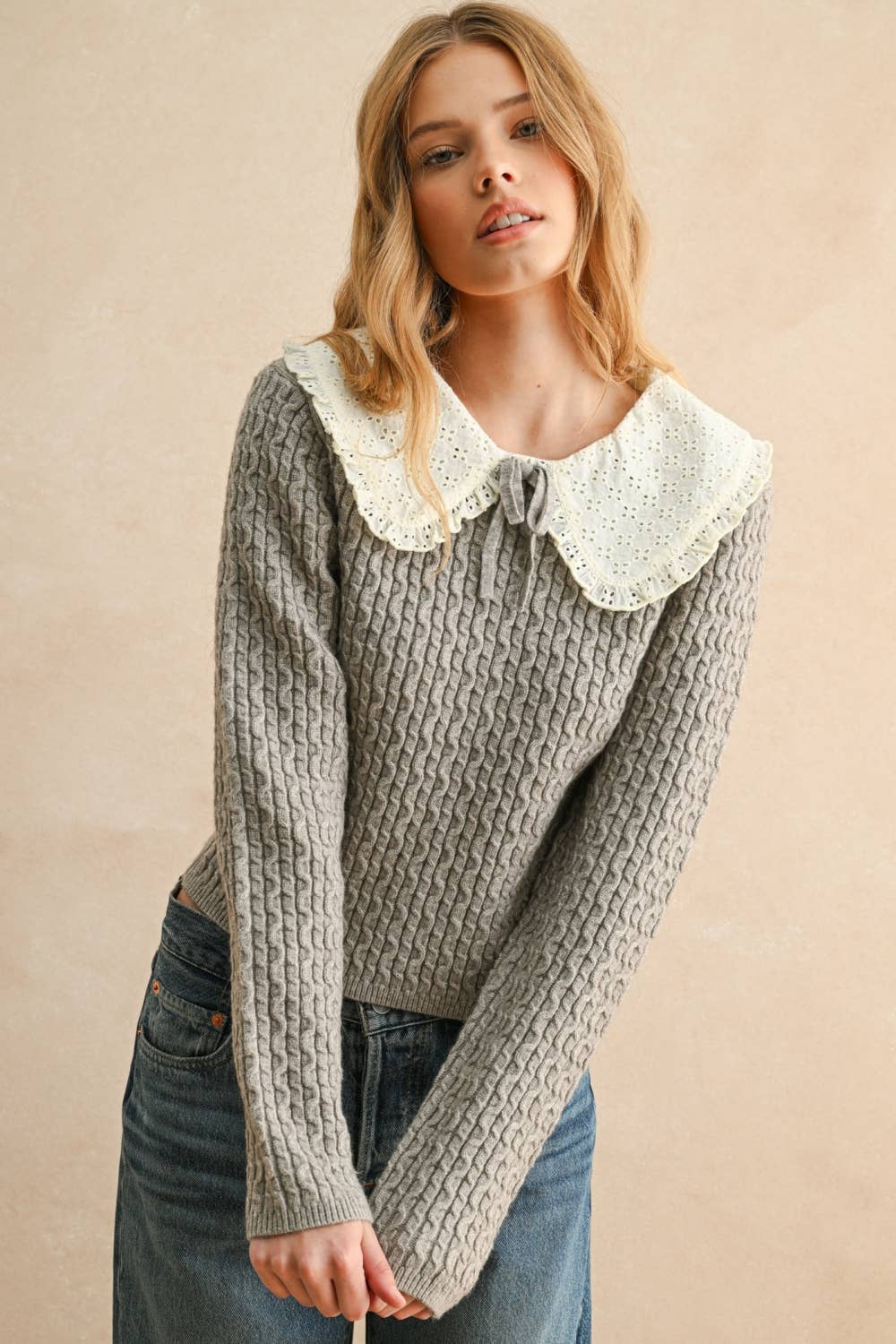 Grey Cable Knit With Crochet Collar