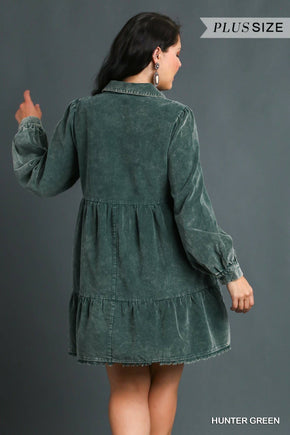 Plus Hunter Green Corduroy Tiered Dress