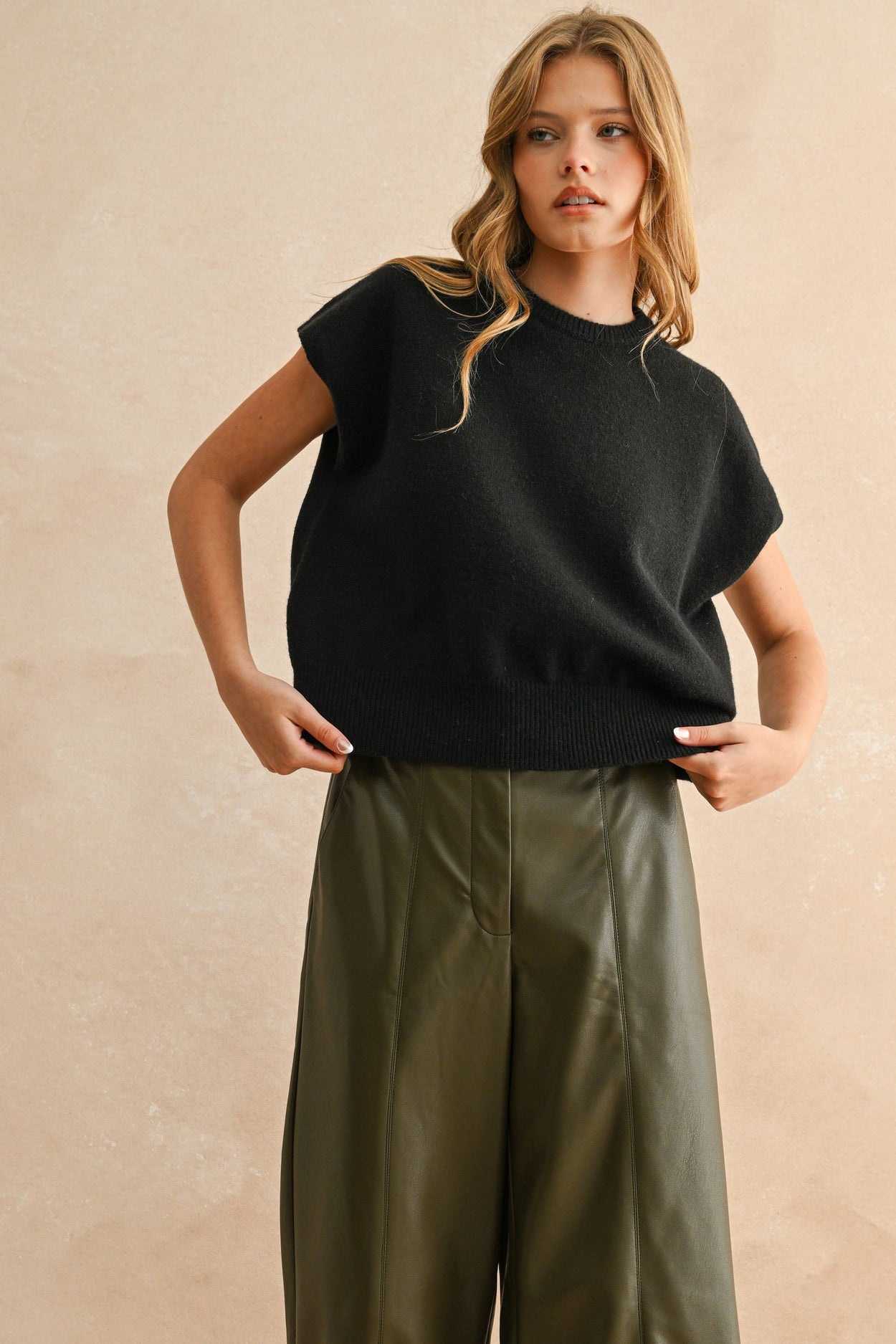 Black Loose Fit Short Sleeve Sweater Top