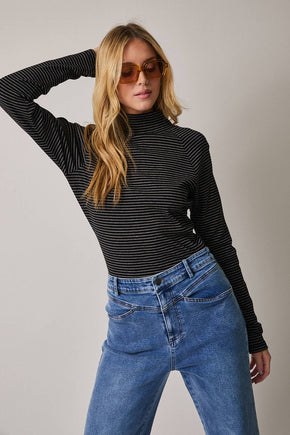 Black & Taupe Mock Neck Long Sleeve Stripe Top