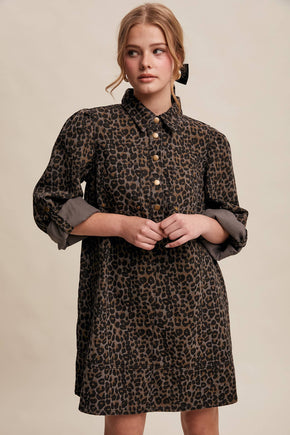 Charcoal Leopard Denim Shirt Dress