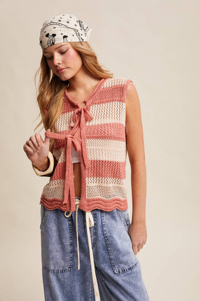 Coral Red Striped Crochet Tie-Front Knit Vest