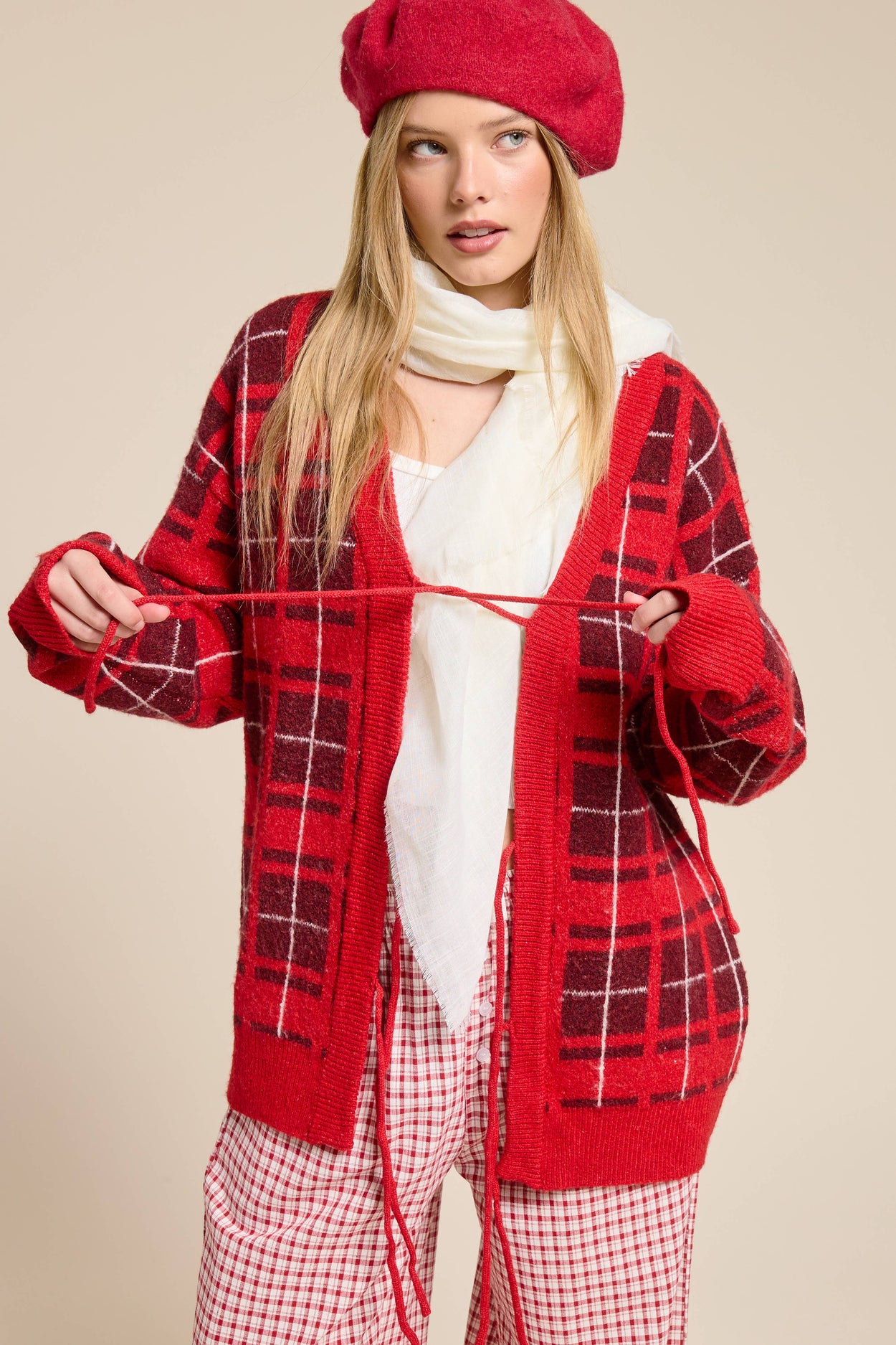 Red Plaid Tie-Front Cardigan Sweater