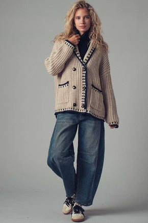 Taupe Chunky Knit Oversized Contrast Cardigan