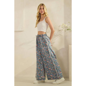 Light Denim Boho Floral Garden Denim Pants