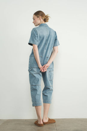 Light Wash Denim Collared Jumpsuit