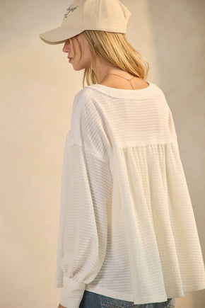 Plus White Textured Knit Henley Blouse
