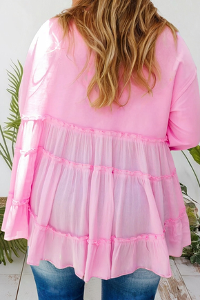 Plus Pink Tiered Ruffle Ribbed Crew Neck Pullover
