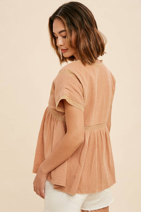 Lace Accent V Neck Blouse