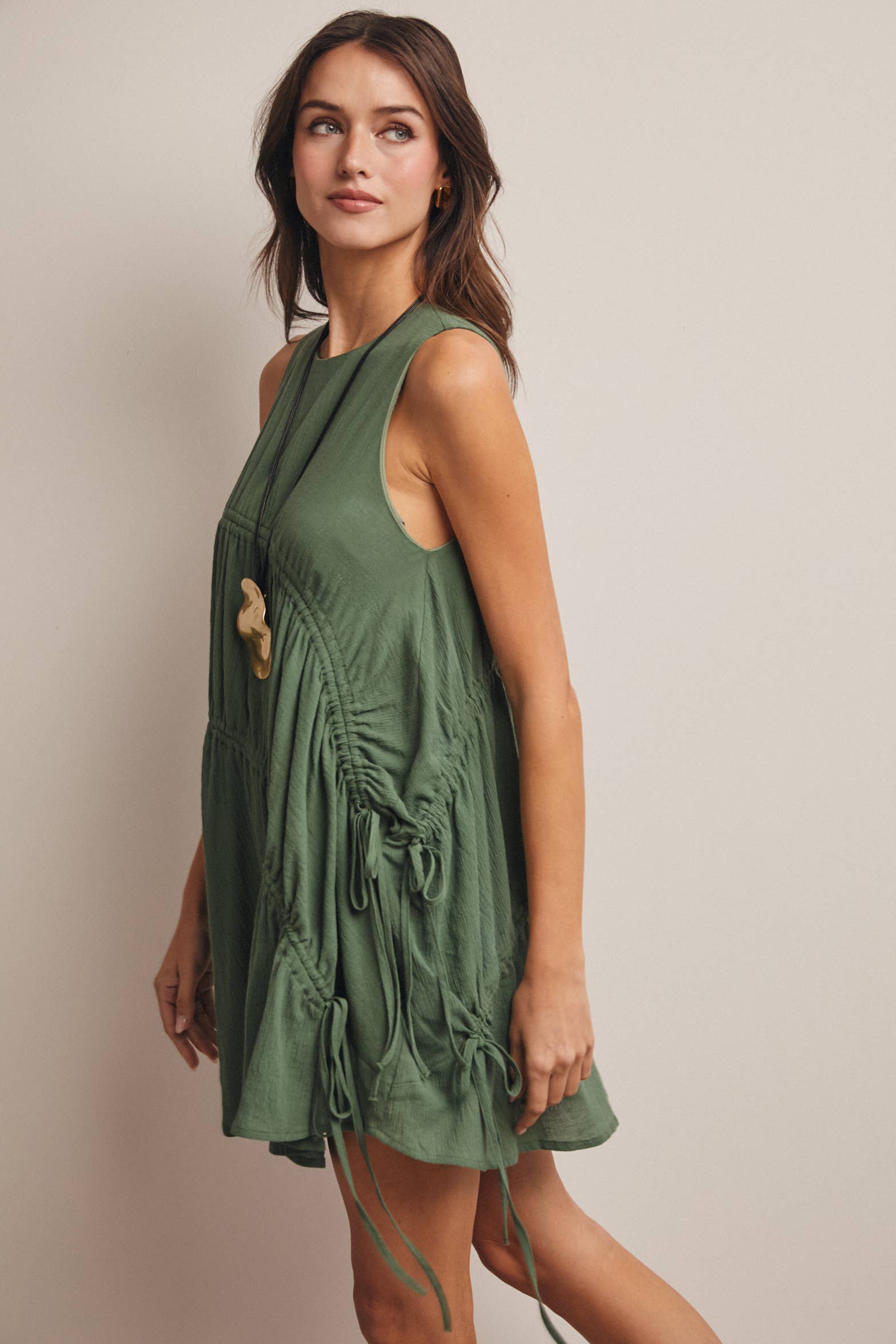 Eucalyptus Ruched Tie Detail Lined Mini Dress