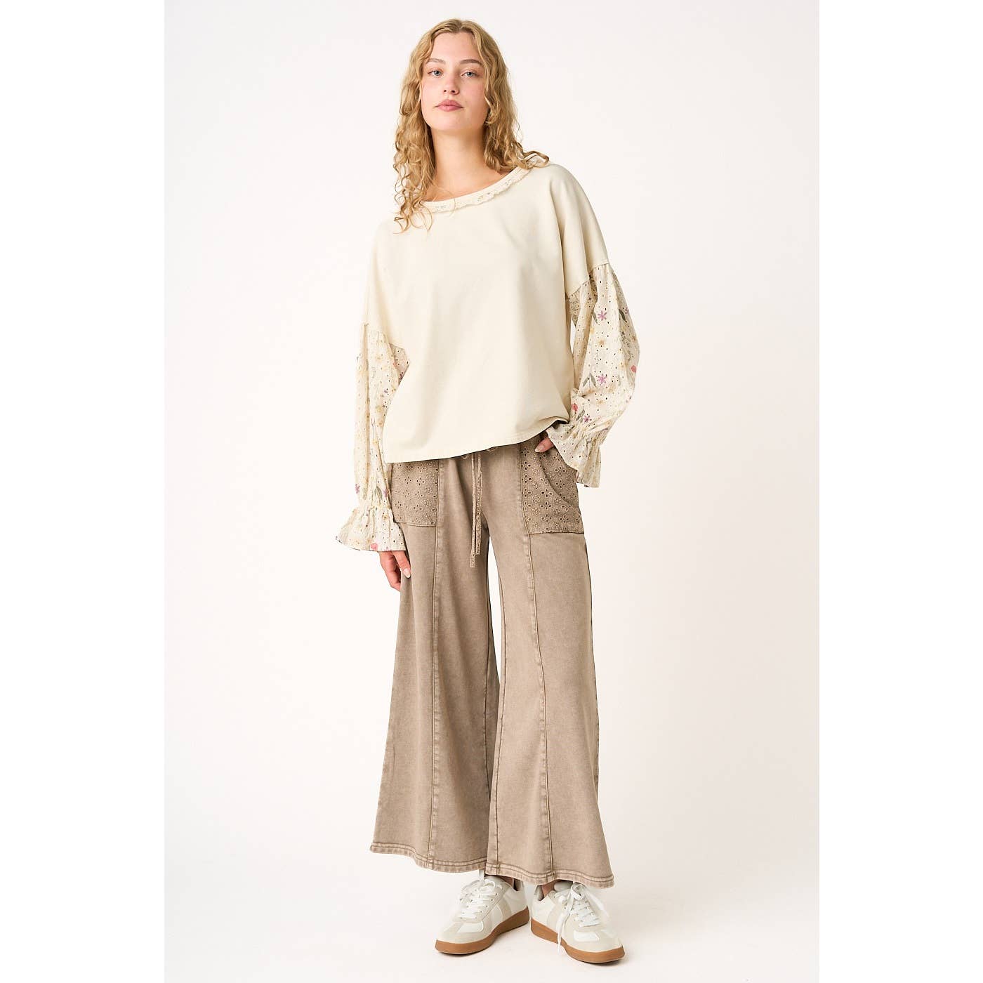 Mocha Eyelet Lace Pocket Wide Leg Pants