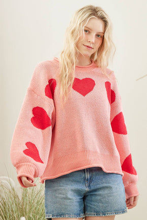 Pink Heart Patched Loose Fit Sweater
