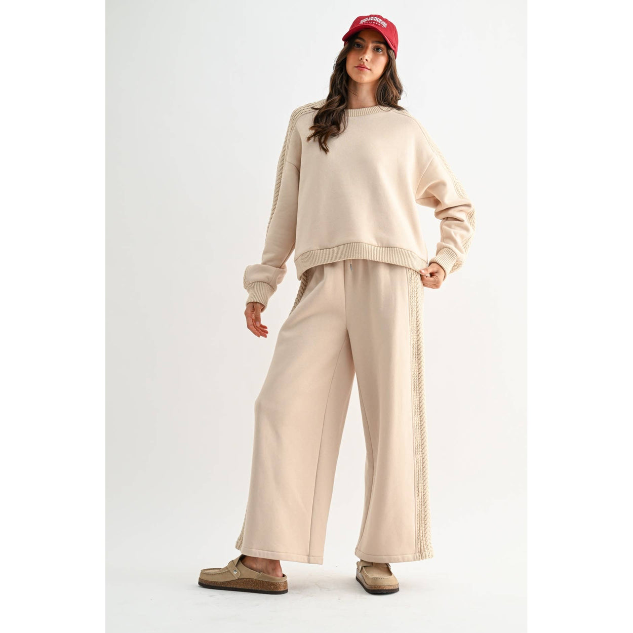 Beige Cable Knit Trim Bottoms