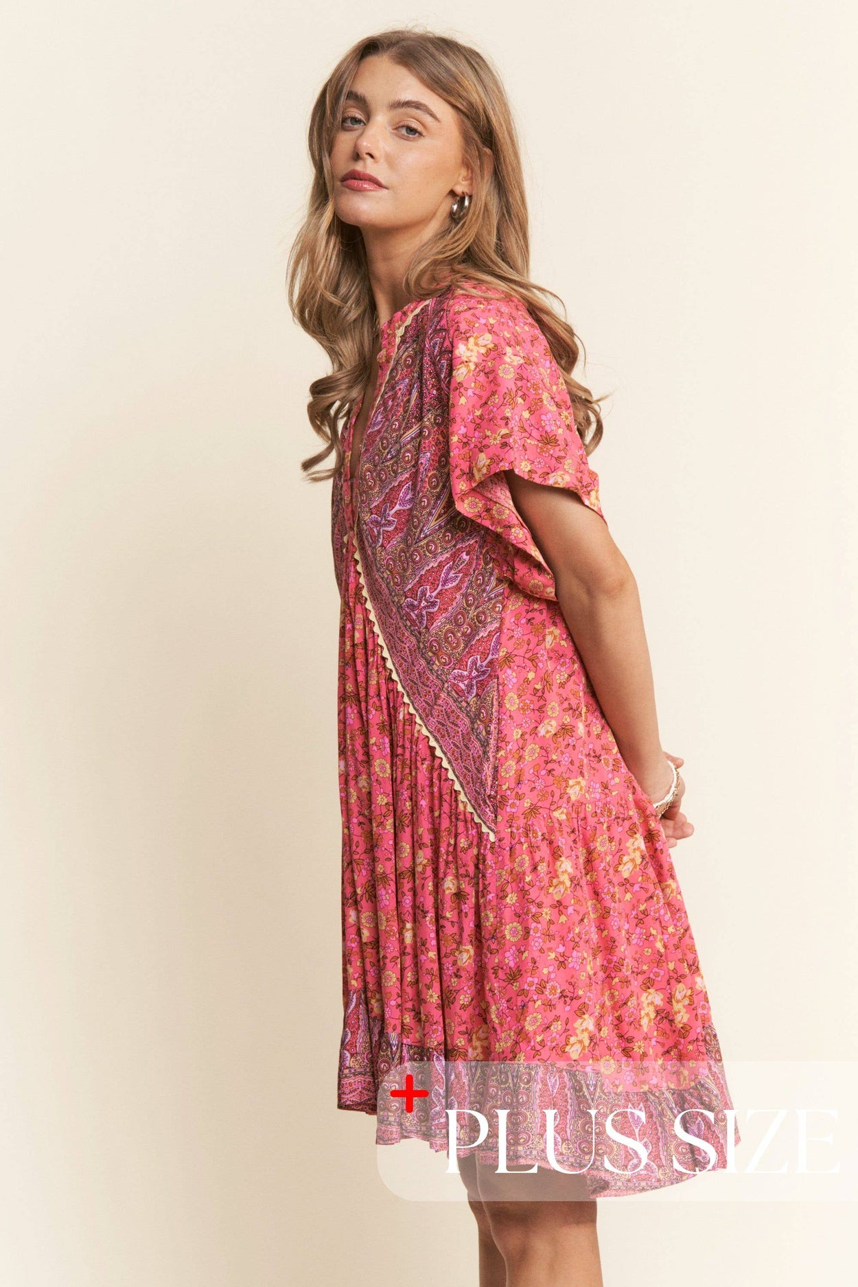 Floral Multi Print Tiered Tunic V Neck Dress