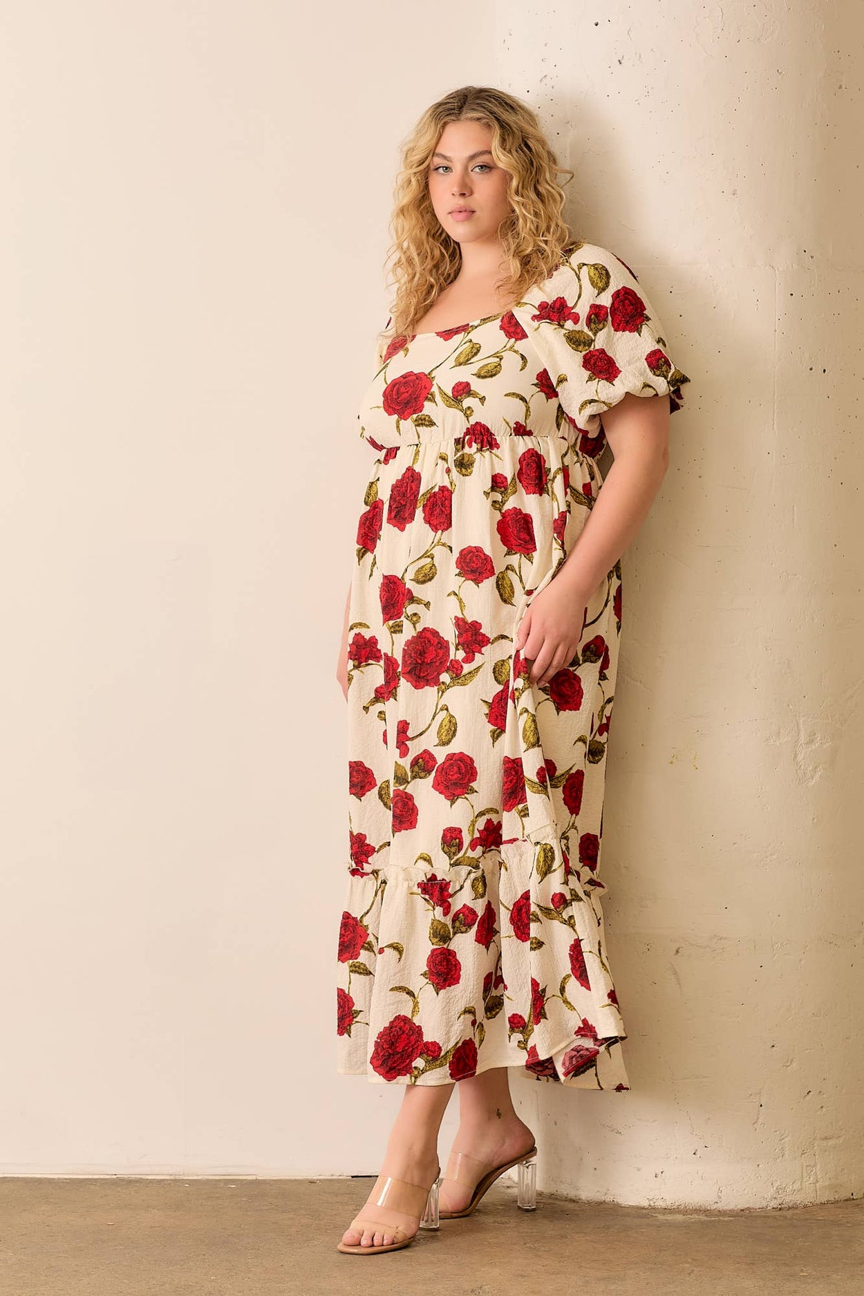 Plus Cream & Red Rose Printed Dress