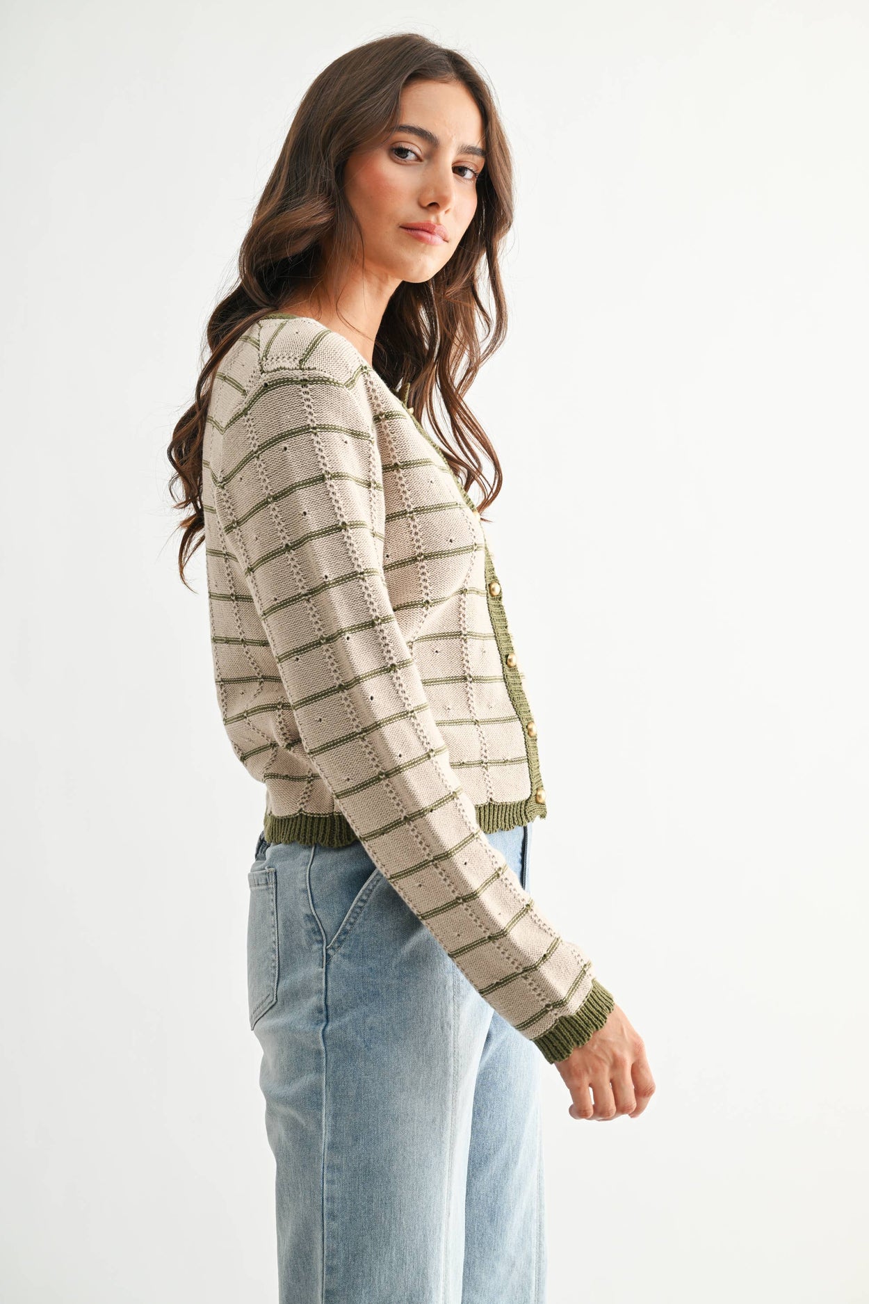 Taupe & Olive Trim Button-Up Cardigan