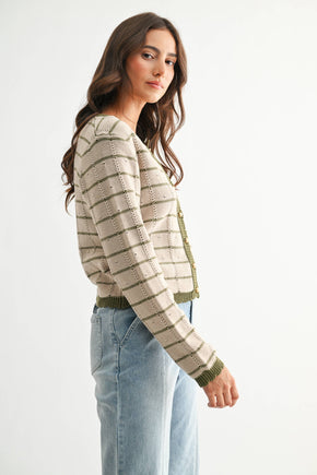 Taupe & Olive Trim Button-Up Cardigan