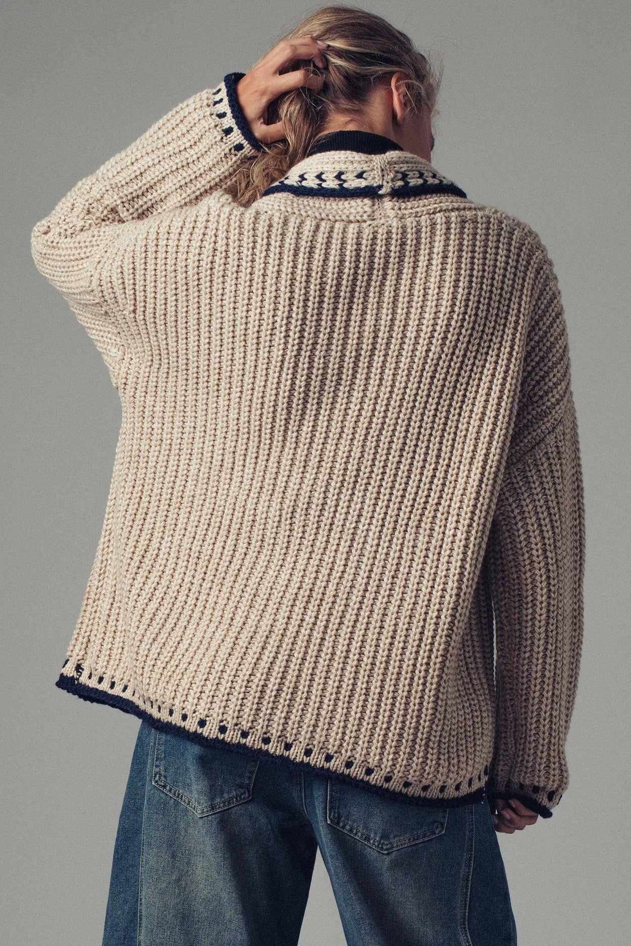 Taupe Chunky Knit Oversized Contrast Cardigan
