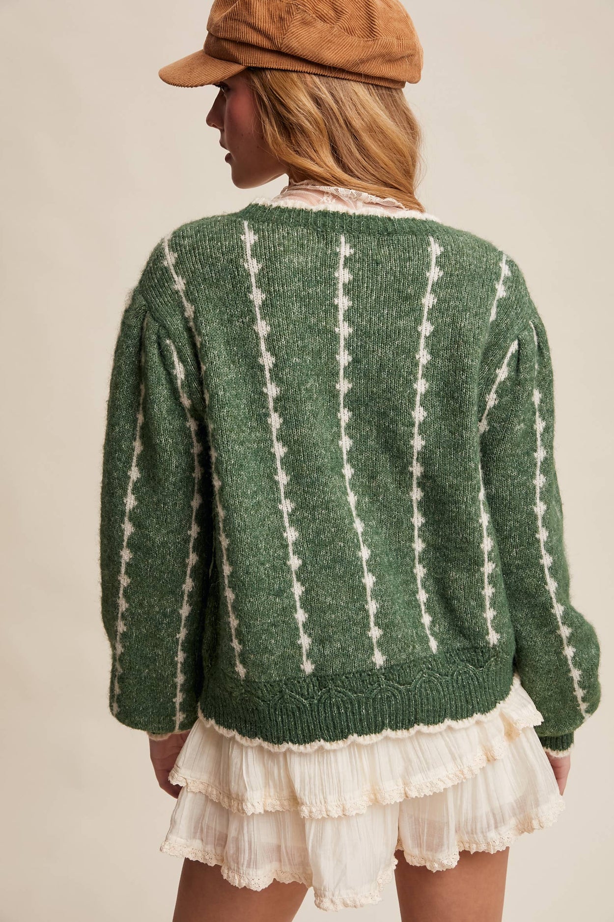 Green Textured Jacquard Knit Crew Sweater