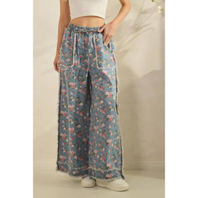 Light Denim Boho Floral Garden Denim Pants