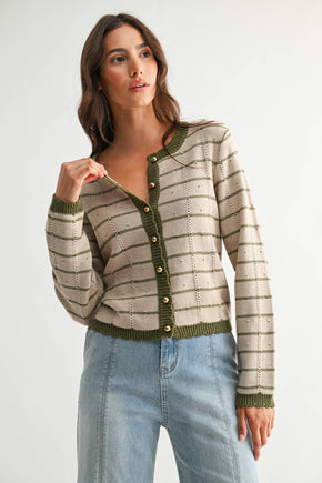 Taupe & Olive Trim Button-Up Cardigan