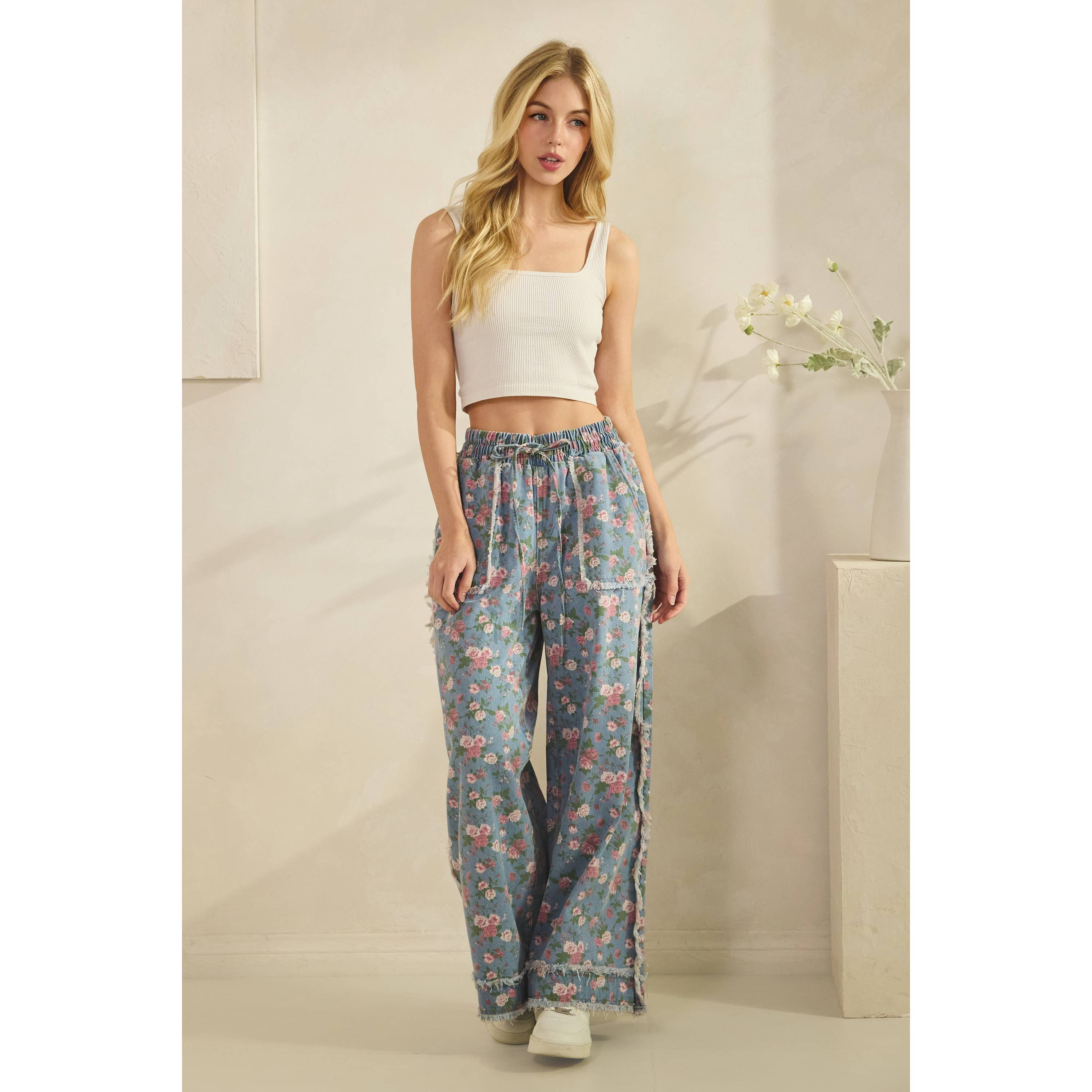 Light Denim Boho Floral Garden Denim Pants