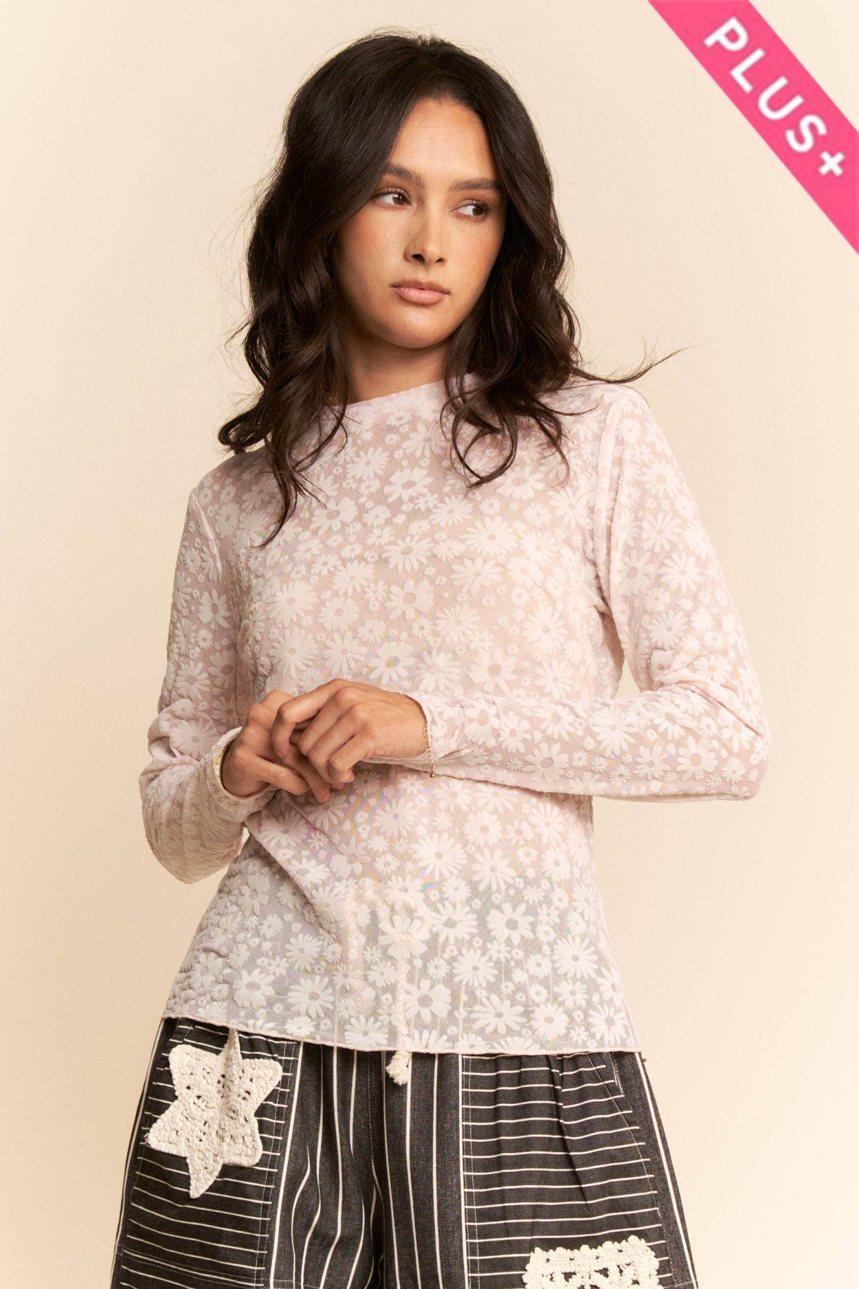 Plus Lavender Long Sleeve Floral Mesh Top