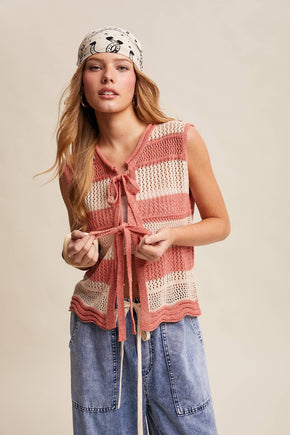 Coral Red Striped Crochet Tie-Front Knit Vest