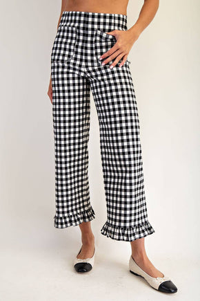 Black Gingham Ruffle Trim Straight Leg Pants