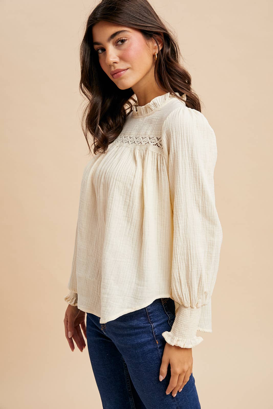 Buttercream Ruffled Gauze Blouse With Lace Insets
