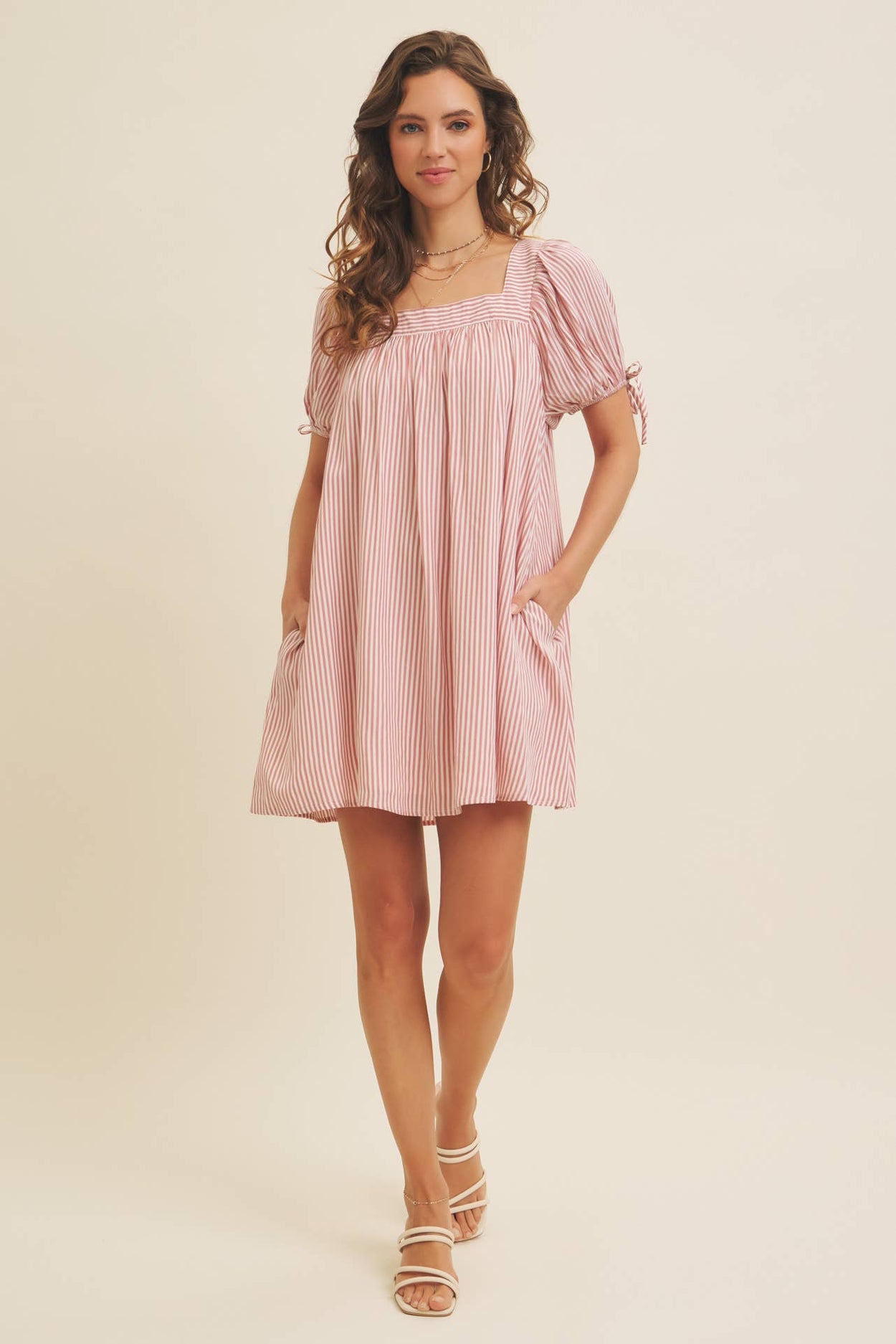 Red Stripe Puff Sleeve Mini Dress